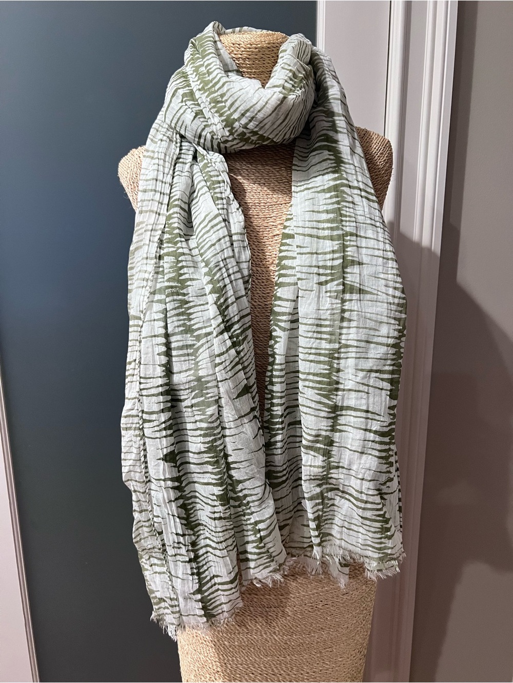 SEE Lightweight Striped Fringe Scarf in Pale Green and White